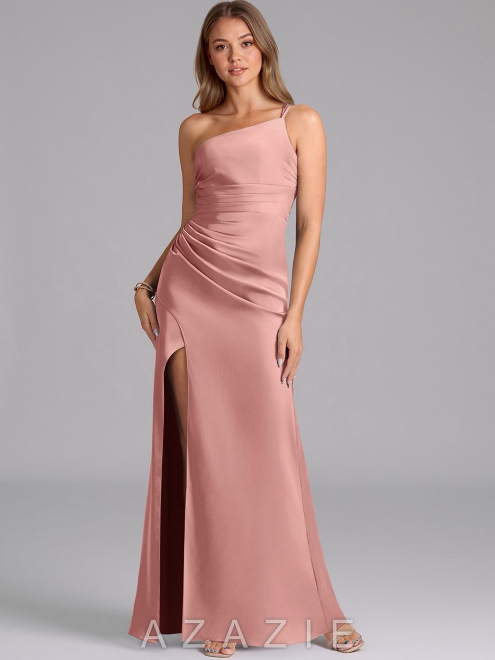 Azazie Dusty Rose One-Shoulder Satin Gown